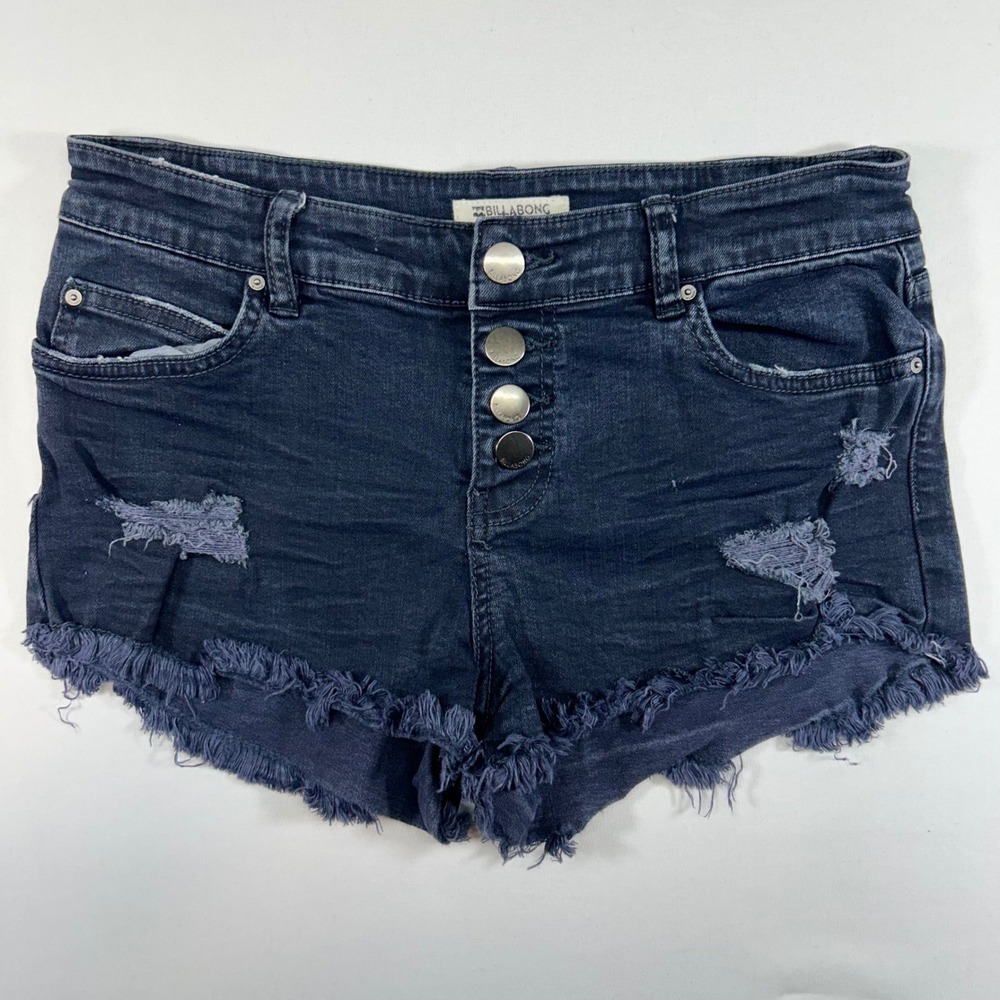 Billabong Womens Distressed Denim Shorts Dark Wash Button‎ Fly Raw Hem Size 26